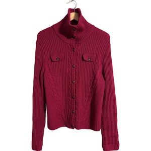 Talbots Cable Knit Button-Up Cardigan Raspberry Merino Wool Women’s measured  L